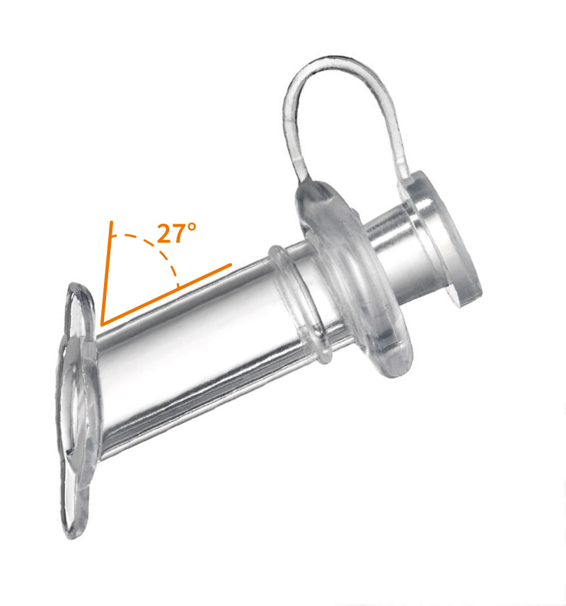 27° abgewinkelter Flansch, um sicherzustellen, dass der Tubus waagerecht in der Trachea sitzt – nichts ragt in die Trachea hinein. 27° abgewinkelter Flansch, um sicherzustellen, dass der Tubus waagerecht in der Trachea sitzt – nichts ragt in die Trachea hinein.